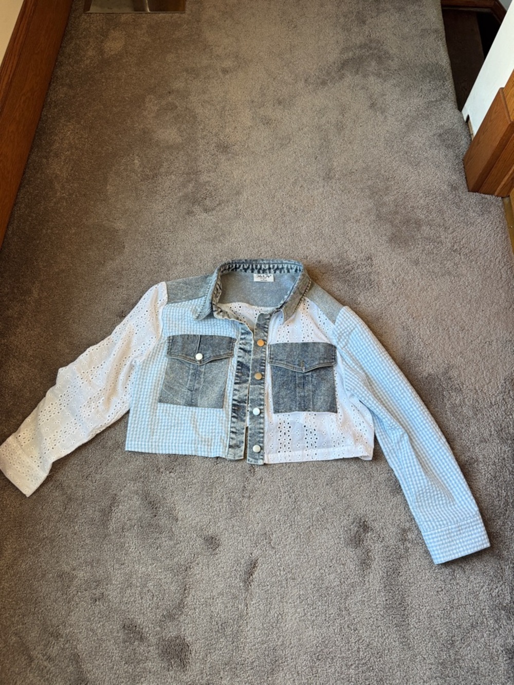 Jolie & Joy Denim Patch Eyelet Cropped Jacket SIZE XL NWT Button Front Boho